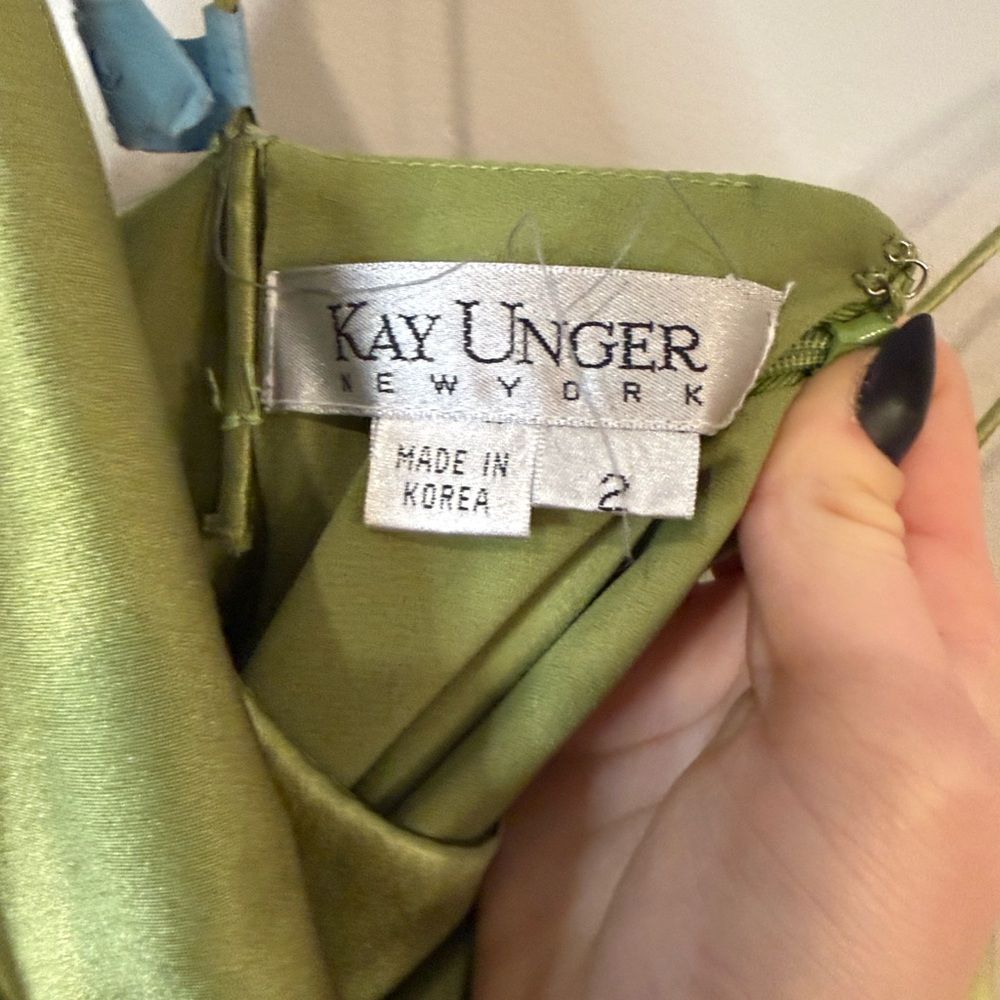 Kay Unger vintage Asymmetrical Olive green Dress with ruched waist and tiny slit - Picture 5 of 9